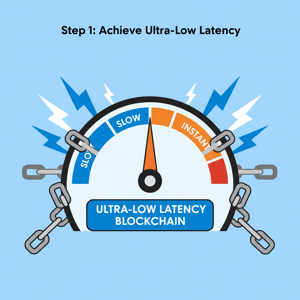 speedometer showing ultra-low latency blockchain, lightning bolts and chains