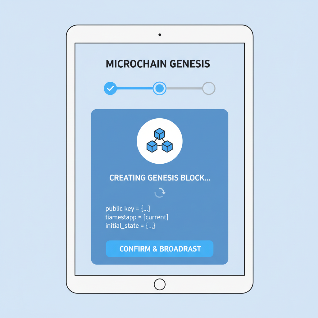 wallet interface creating genesis block for microchain, minimalist UI screenshot style