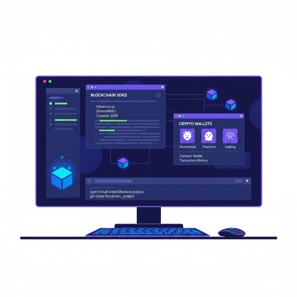 developer terminal setup with blockchain SDKs and wallets on screen, dark mode, futuristic UI