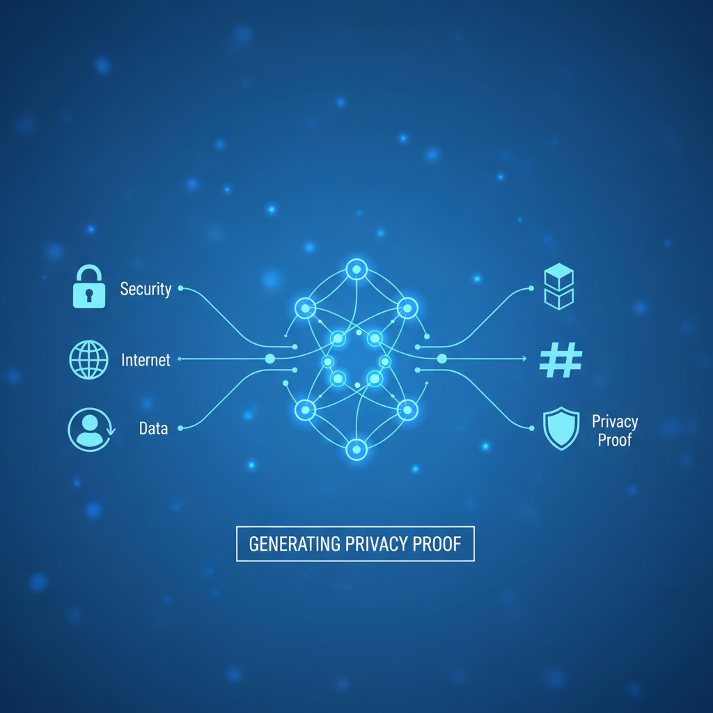 abstract zkTLS circuit generating privacy proof, glowing nodes connecting Web2 icons to blockchain, blue tones