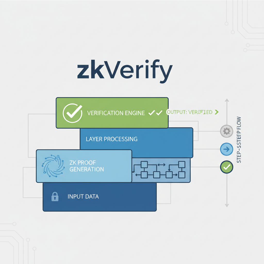 zkVerify layer processing ZK proof, modular blocks stacking, verification checkmarks, tech diagram