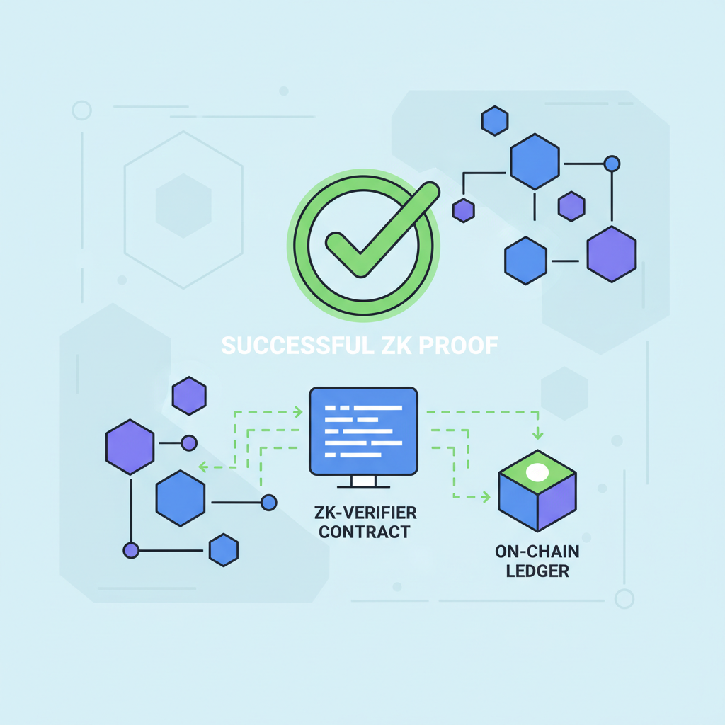 on-chain verification smart contract executing ZK proof check, green success tick, blockchain nodes