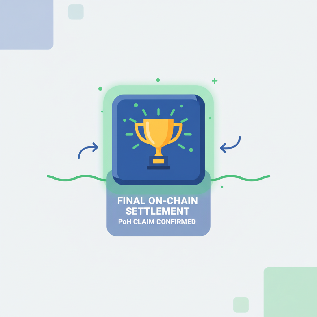 final on-chain settlement, blockchain block with PoH claim confirmed, trophy icon, celebratory green glow