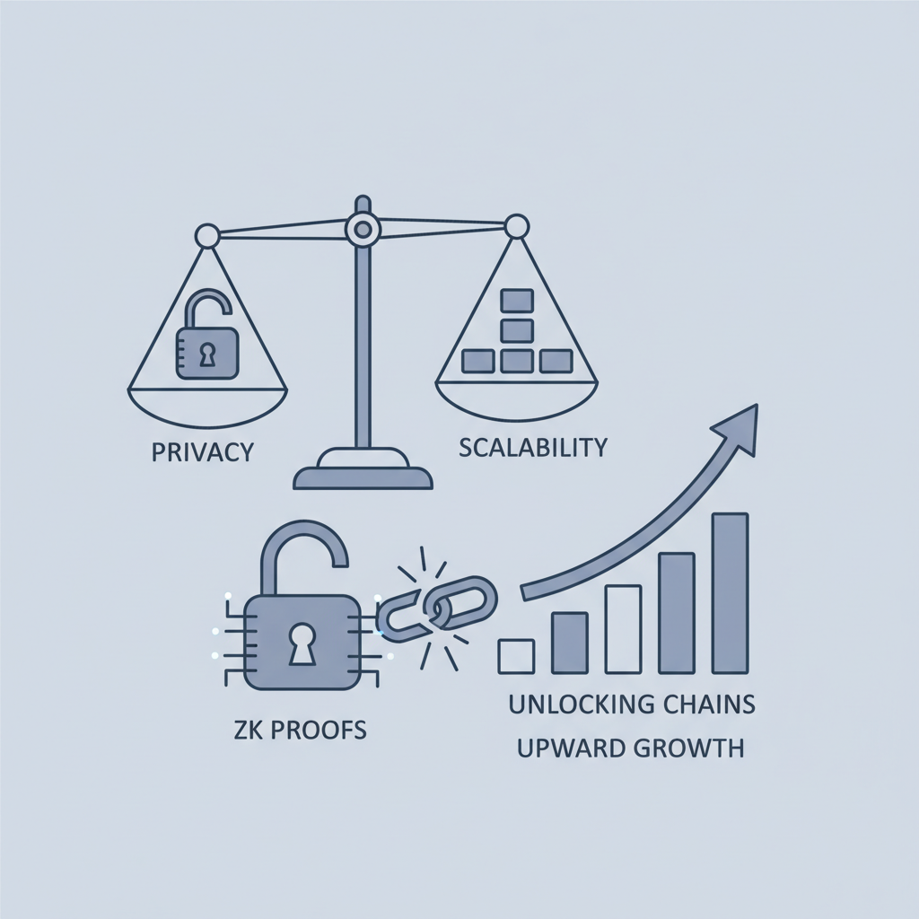 balanced scales of privacy and scalability, ZK proofs unlocking chains, upward growth chart, conservative blue-gray palette