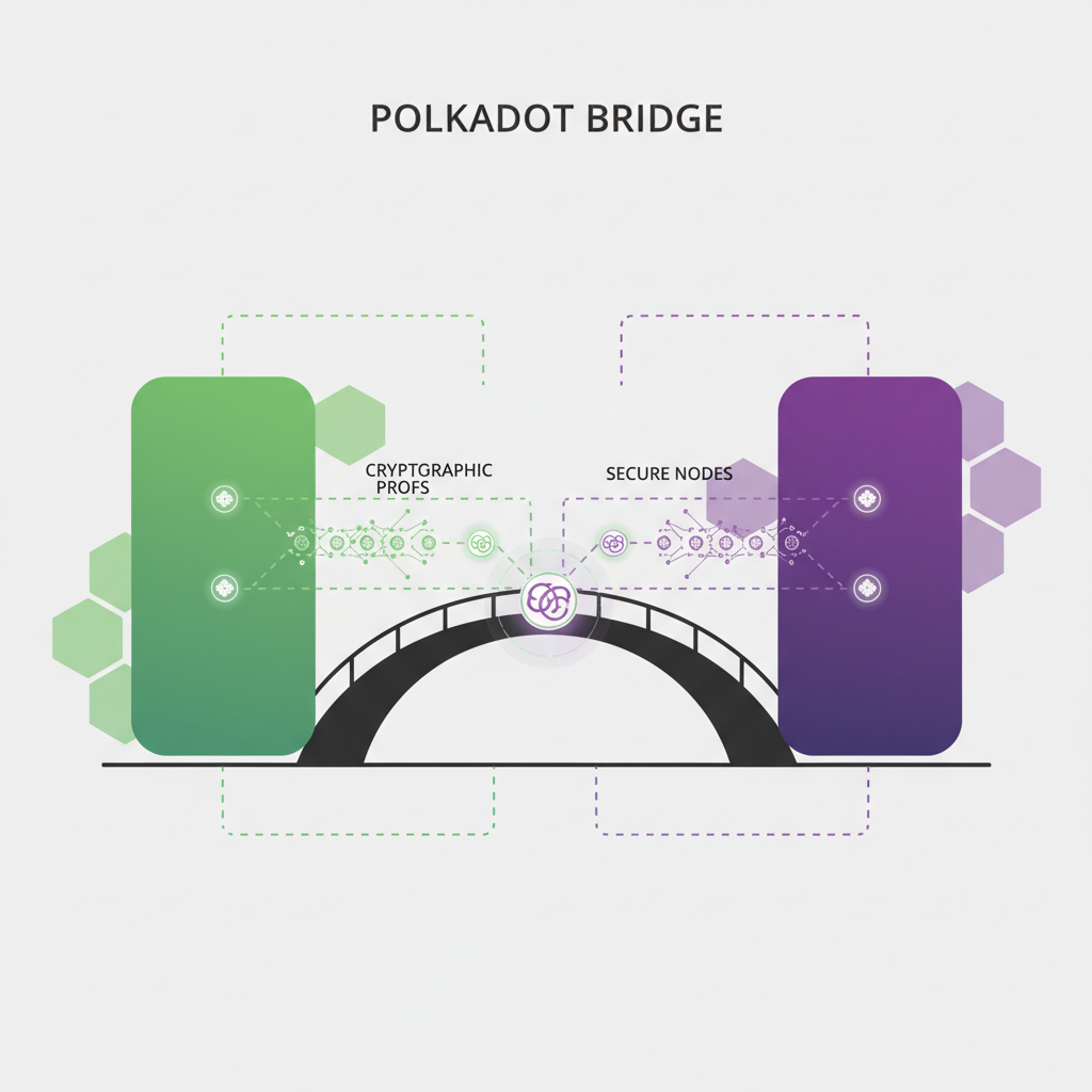 Polkadot-based cross-chain bridge with cryptographic proofs flowing between blockchains, secure nodes connecting chains, green and purple hues