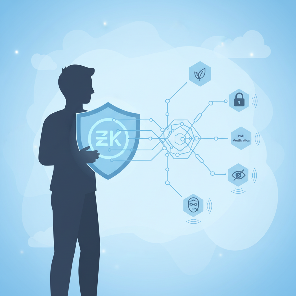 human silhouette with ZK proof shield, blockchain chains connected via PoH verification, privacy-focused icons, ethereal light blues