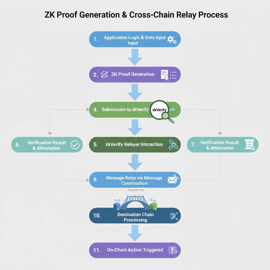 step-by-step flowchart of ZK proof generation, verification on zkVerify, cross-chain relay via Hyperbridge, clean infographic style