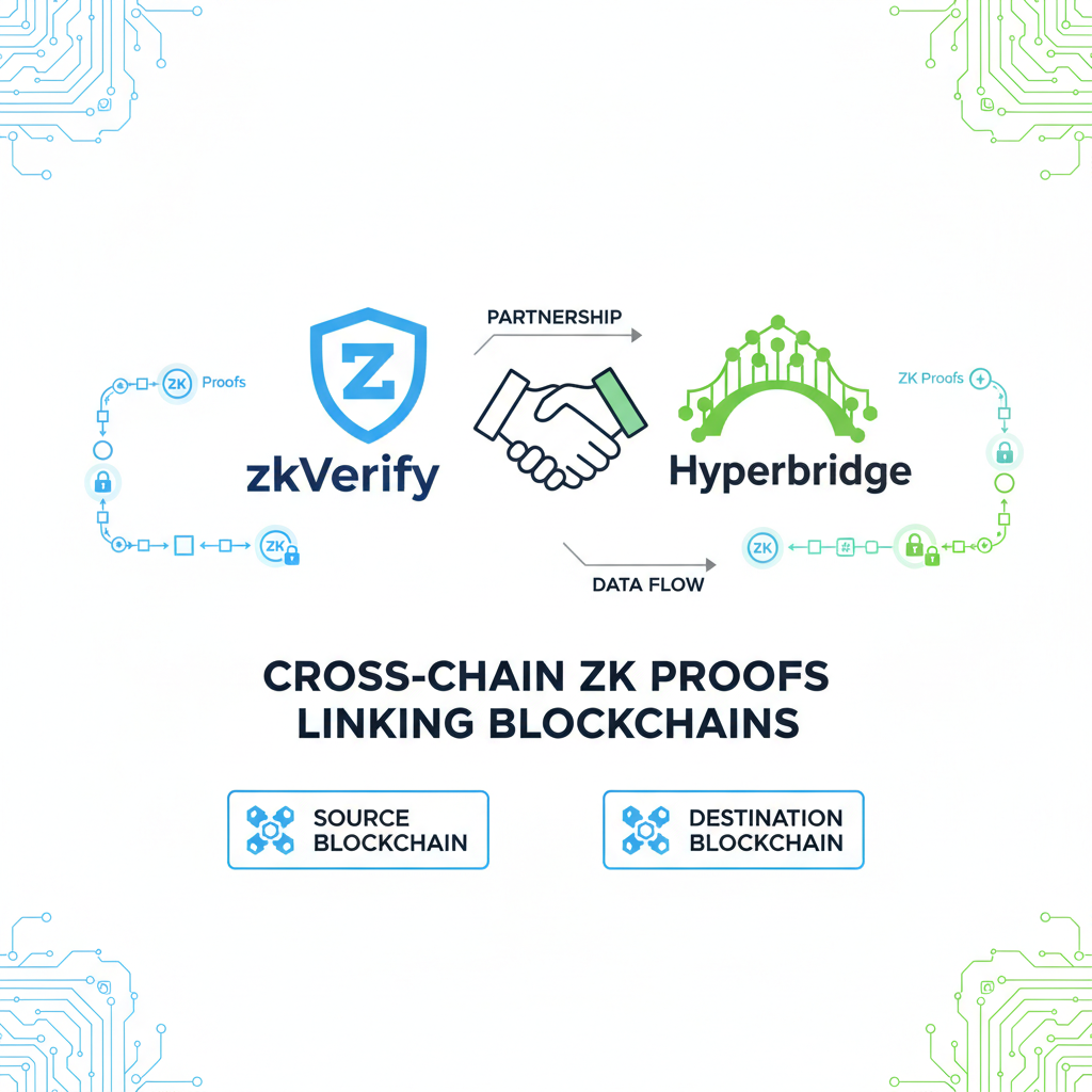 handshake between zkVerify and Hyperbridge logos, cross-chain ZK proofs linking blockchains, partnership diagram, professional tech style