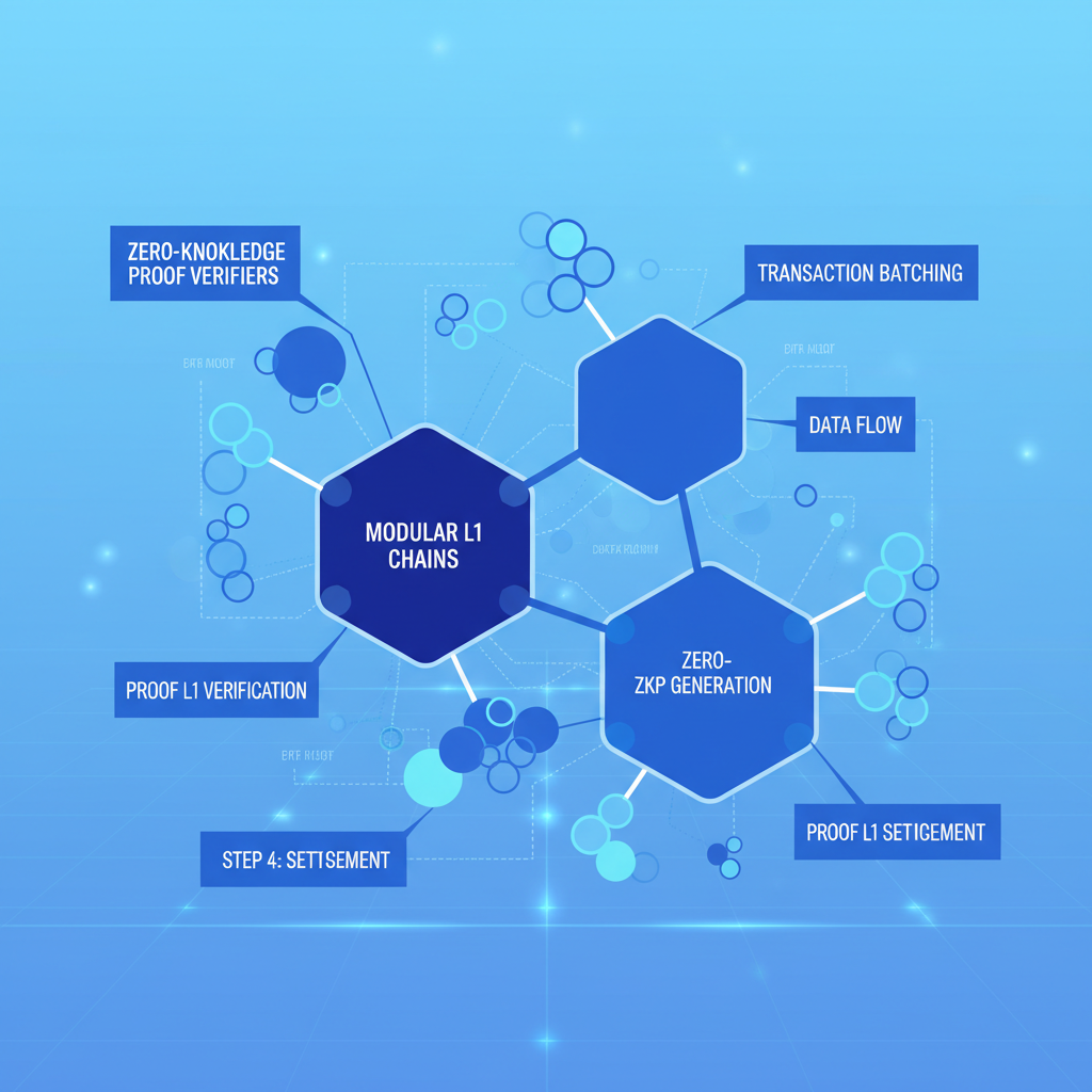 abstract blockchain network verifying zero-knowledge proofs, modular L1 design, futuristic digital nodes, blue tones