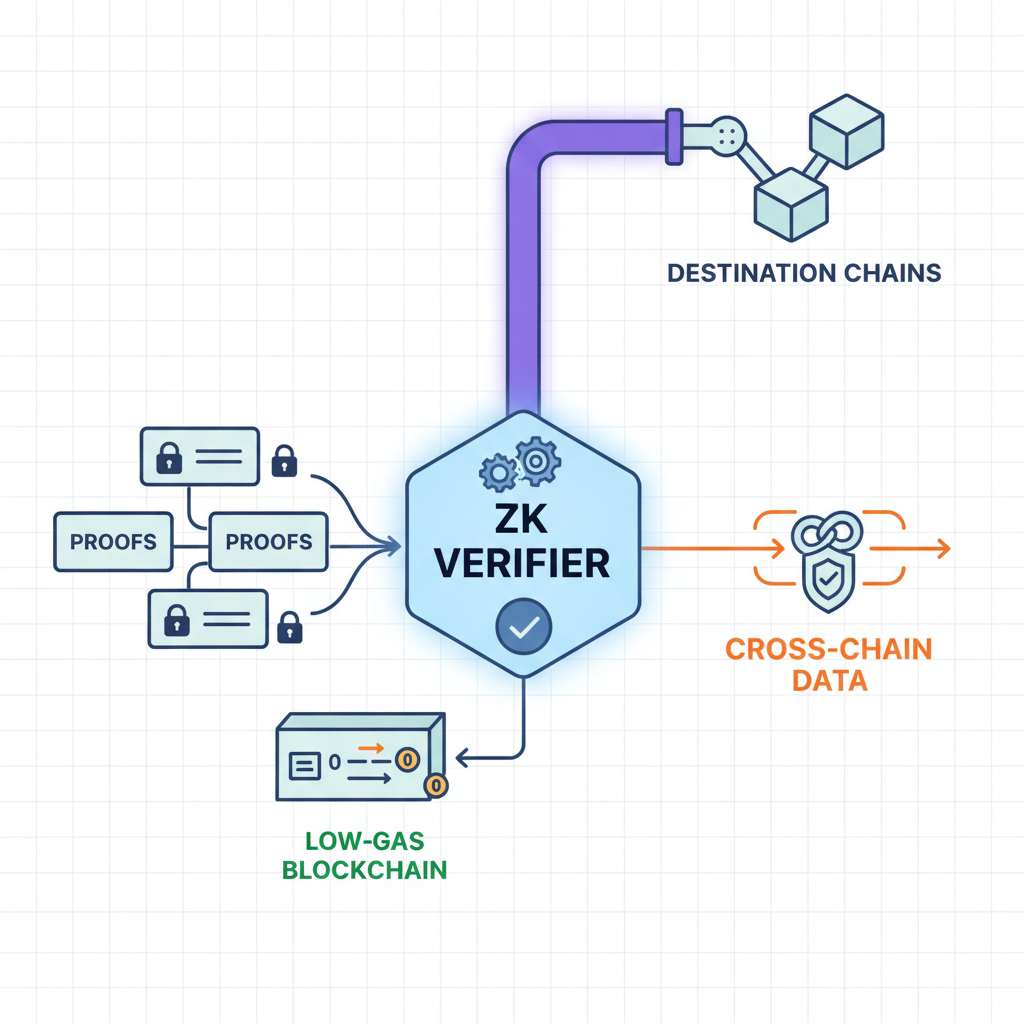 efficient ZK verifier node processing proofs, low-gas blockchain transactions, secure cross-chain data flow, tech schematic