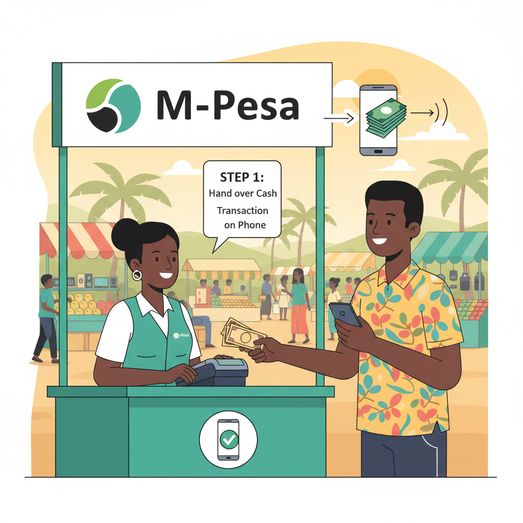 Kenyan user at M-Pesa agent depositing cash into phone wallet, vibrant African market scene, optimistic fintech vibe