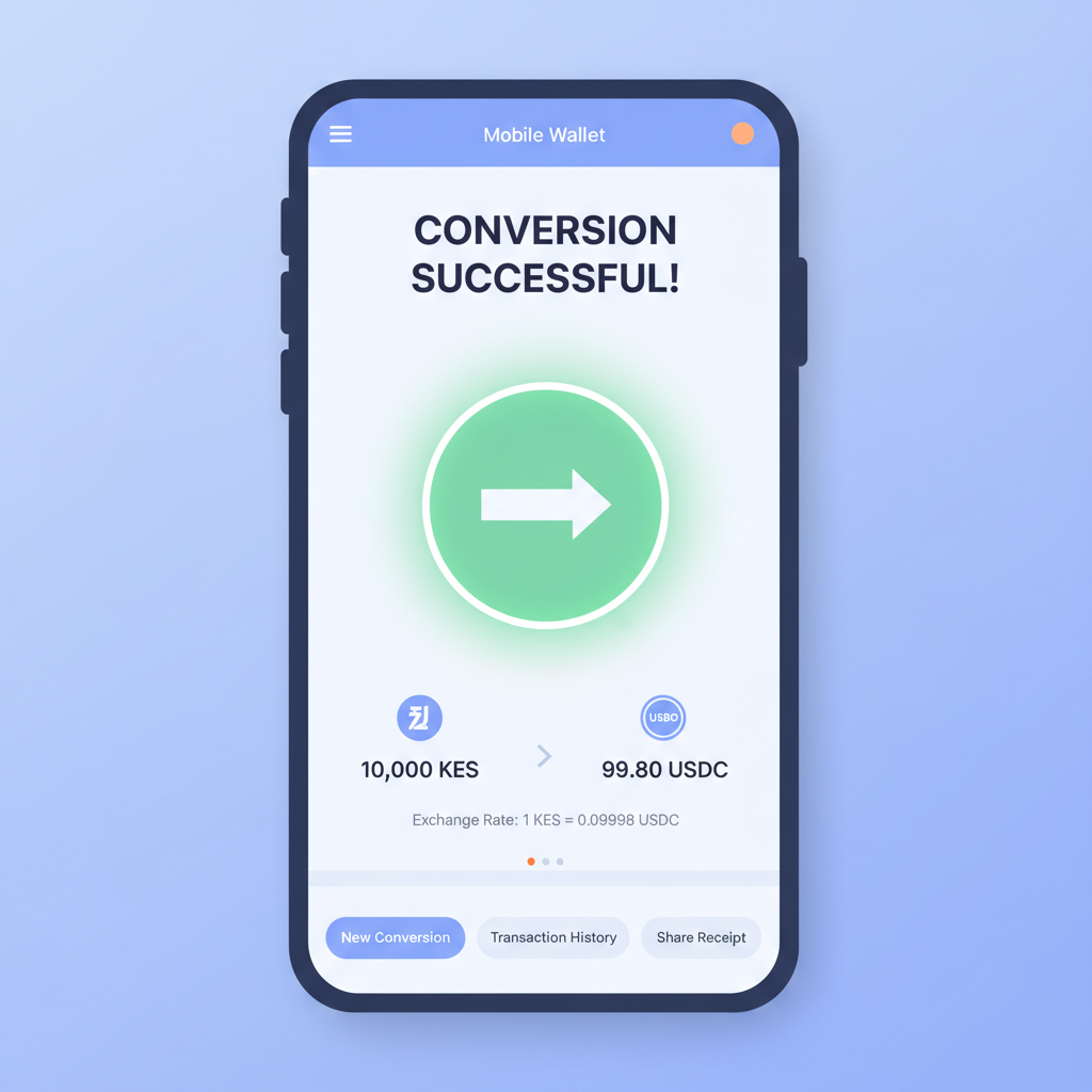 Phone screen showing currency conversion from KES to USDC, mobile wallet app interface, glowing success animation