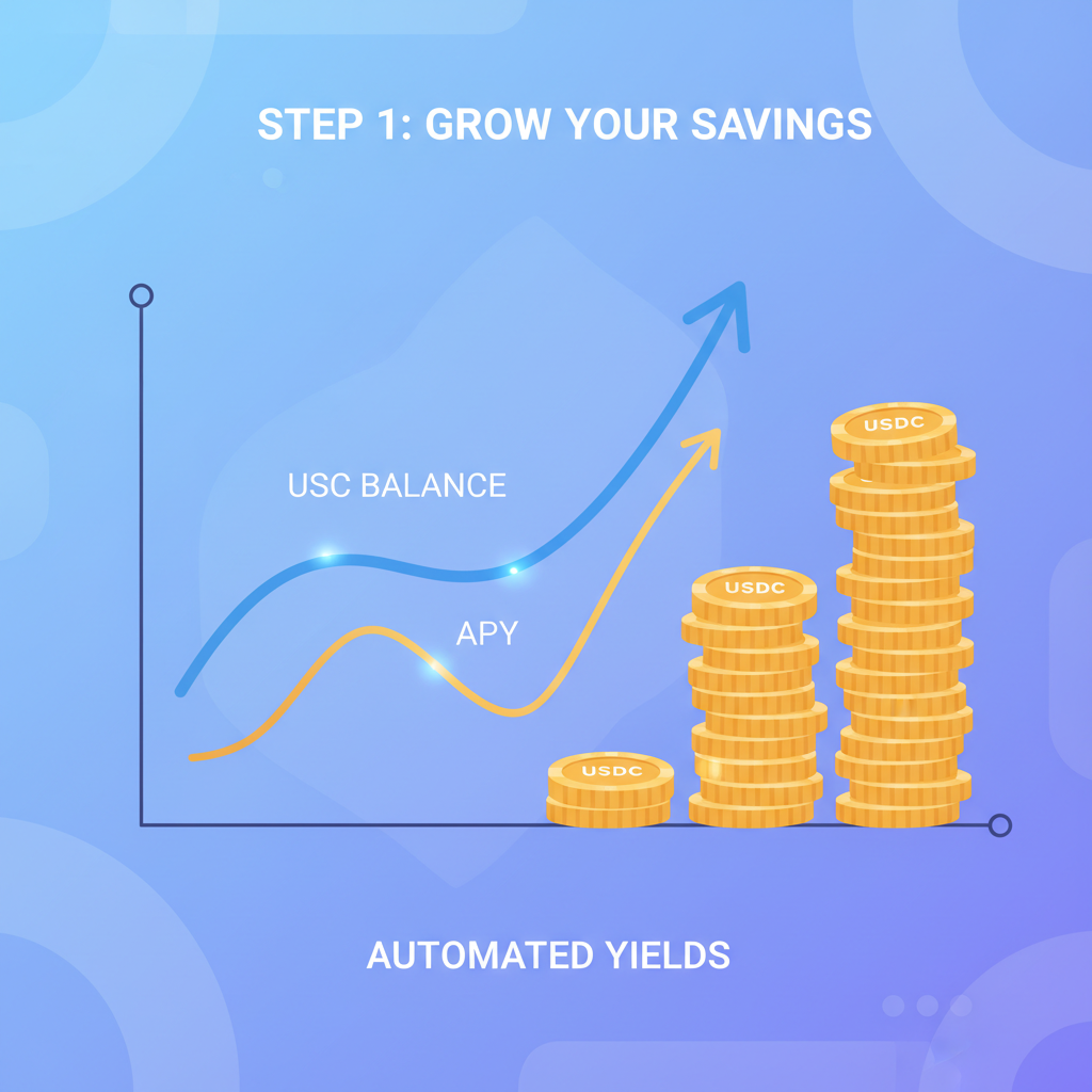 Growing USDC balance graph with rising APY line, golden coins stacking, futuristic savings animation