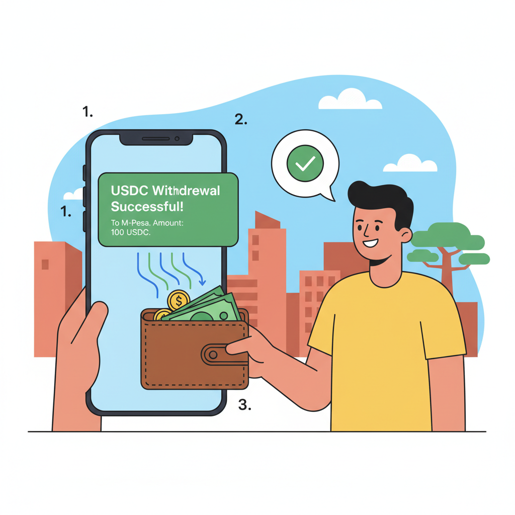 Phone notification of USDC withdrawal to M-Pesa, money flowing to wallet, happy user in urban Africa setting