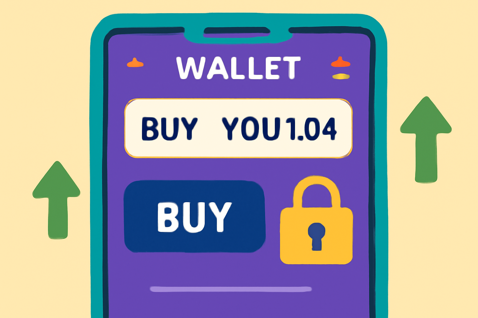 A vibrant digital wallet interface showing a user buying YOUSD at $1.04 on a modern crypto exchange platform, with green upward arrows and a secure padlock symbol.