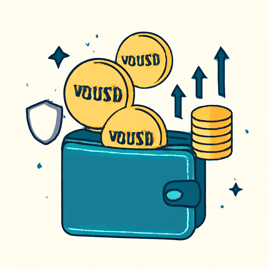 A digital wallet glowing with YOUSD tokens, shield icons for security, and coins gently increasing in number, symbolizing automated yield.