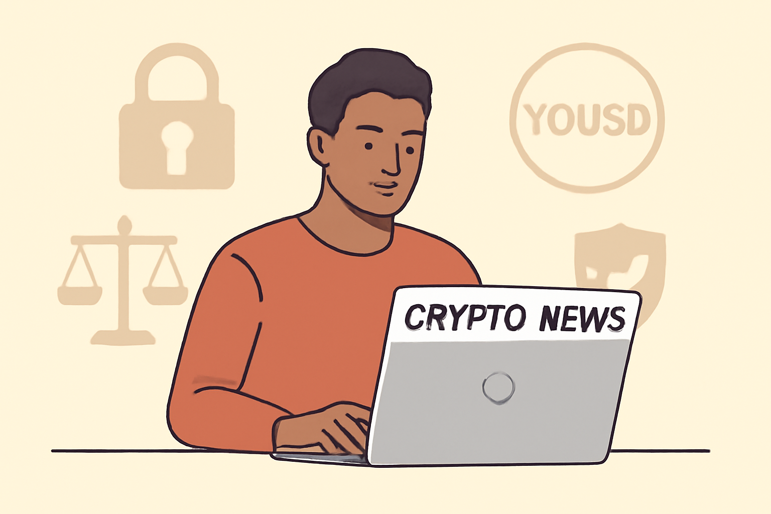 A confident user reading crypto news on a laptop, with security icons, regulation symbols, and a YOUSD logo in the background.