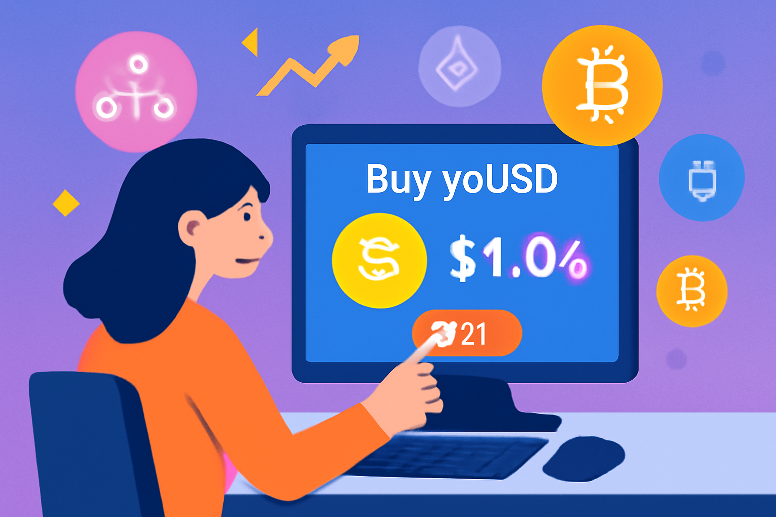 A vibrant scene showing a user buying yoUSD tokens on a digital exchange platform, with the price $1.04 clearly displayed on the screen, modern crypto icons in the background.