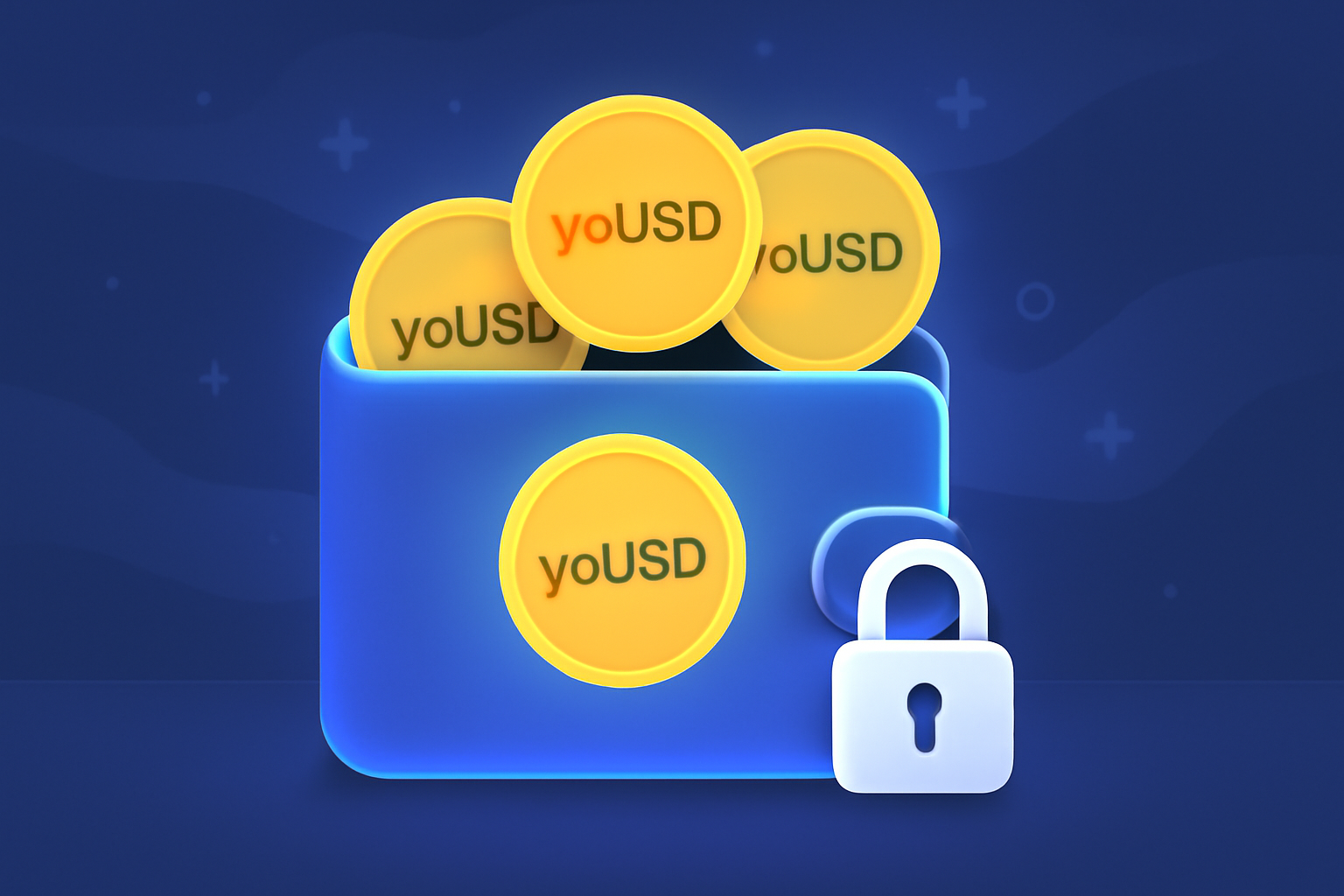 A digital wallet glowing with yoUSD tokens inside, shielded by a lock, symbolizing security and passive earnings, with a calm, futuristic background.