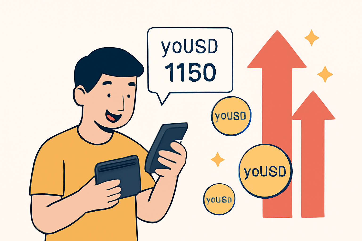 A user happily checking their wallet on a smartphone, with yoUSD token balances increasing, animated arrows pointing upward, and digital sparkles representing growth.