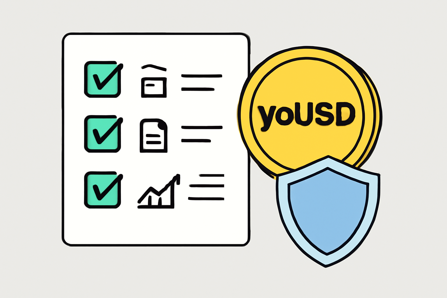 A checklist with icons for security, compliance, and market updates, alongside a yoUSD coin and a shield, all set against a clean, modern interface.