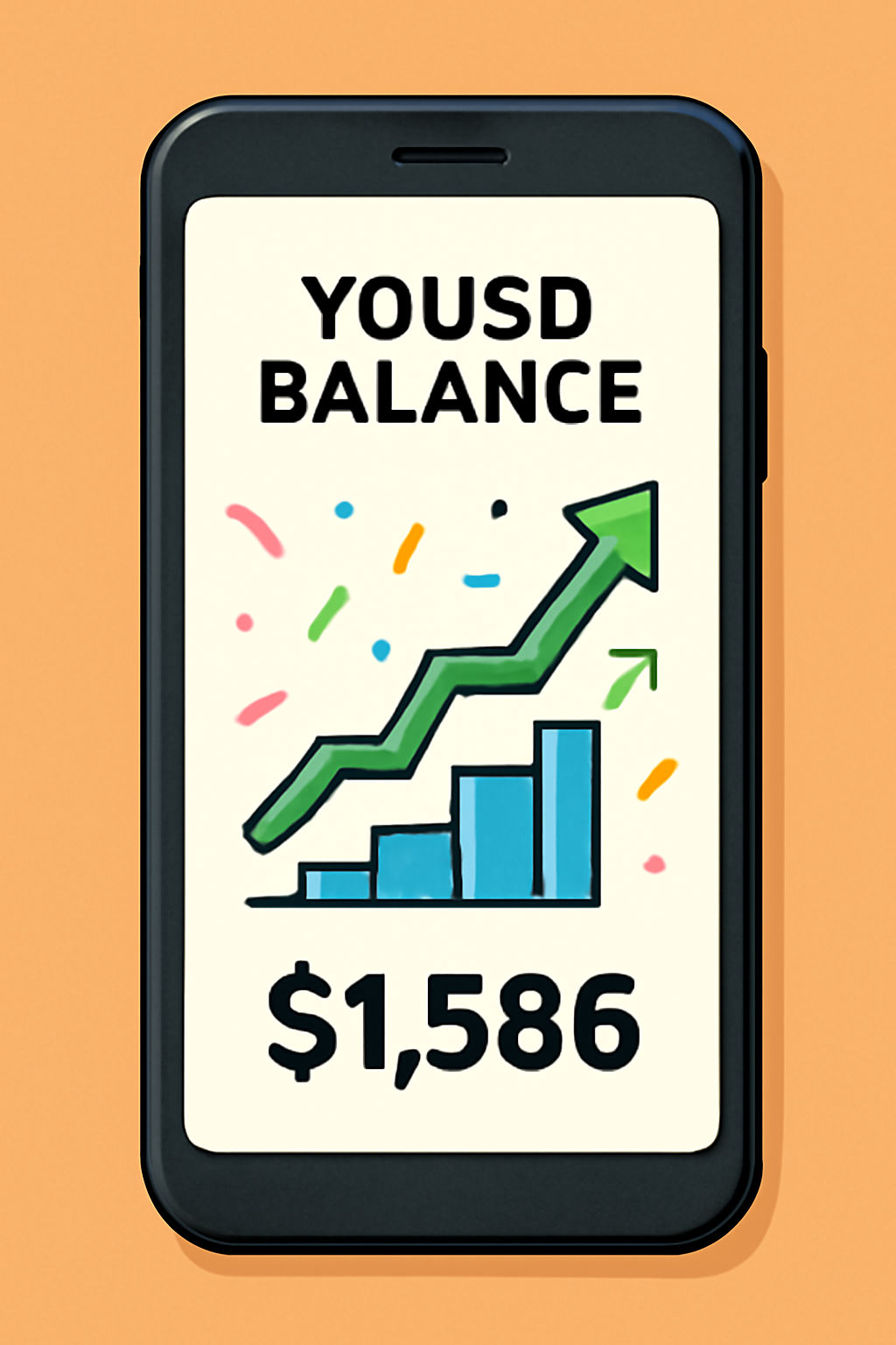 A smartphone screen displaying a YOUSD balance increasing over time, with a cheerful graph and confetti, representing passive income growth.