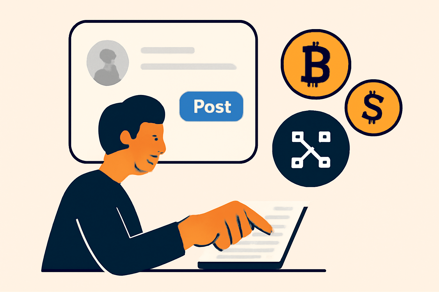 A user typing a post on a modern app interface, with digital coins and blockchain icons appearing as they publish.