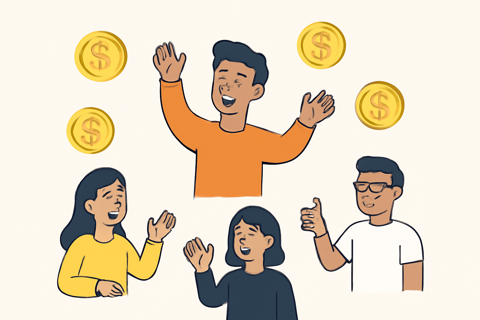 A creator celebrating earnings with floating coins and engaged community members around.