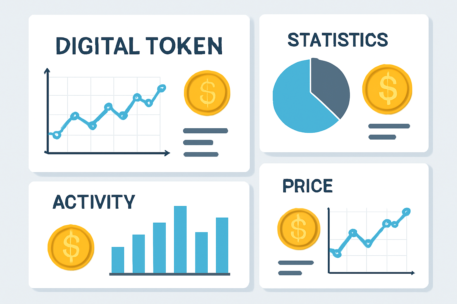 A dashboard displaying charts and analytics for a digital token, with graphs and coin icons.