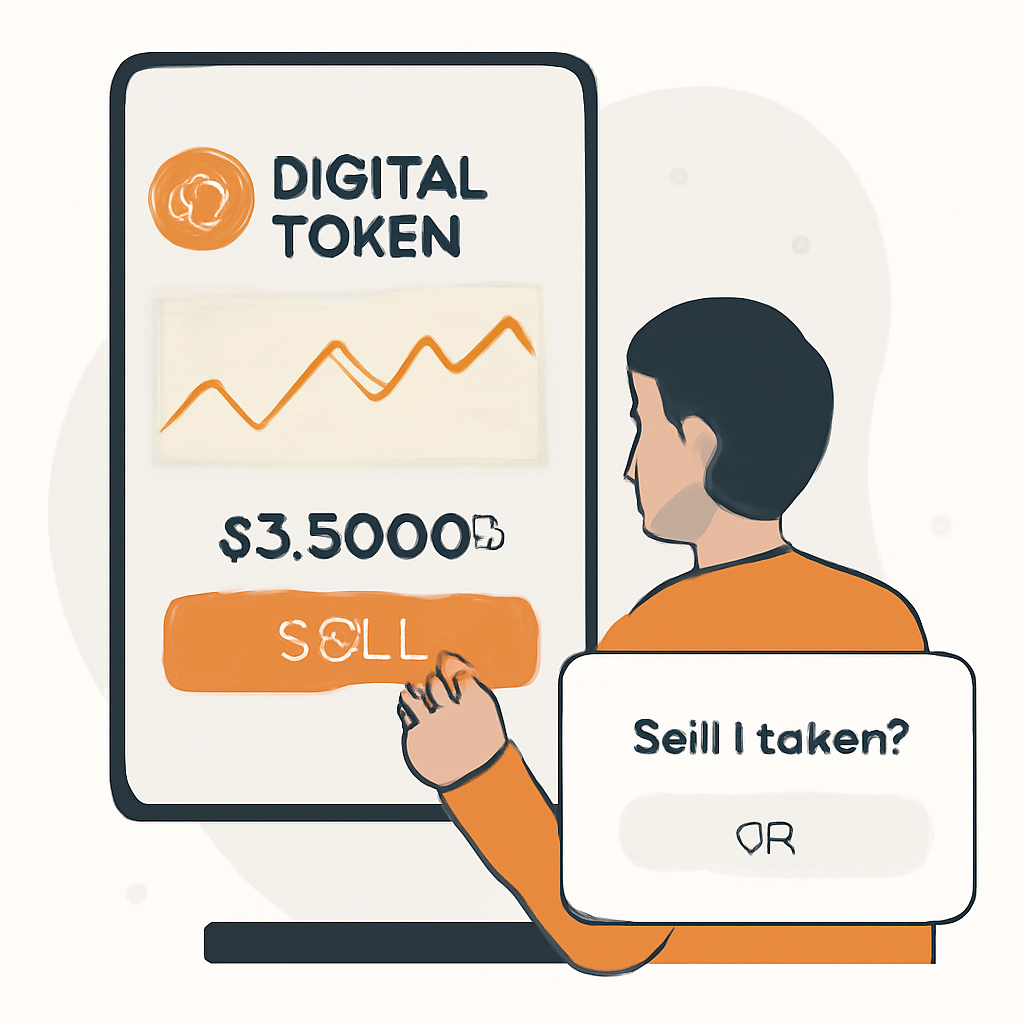A user selling digital tokens on an app interface, with price charts and confirmation pop-up.