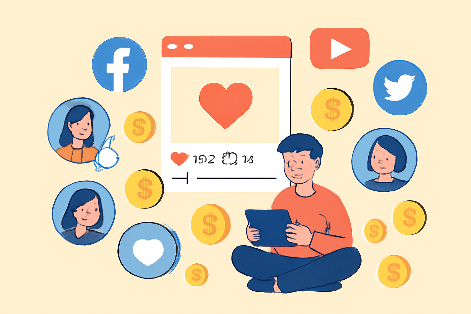 A social media post being shared across multiple platforms, with people reacting and coins floating around.