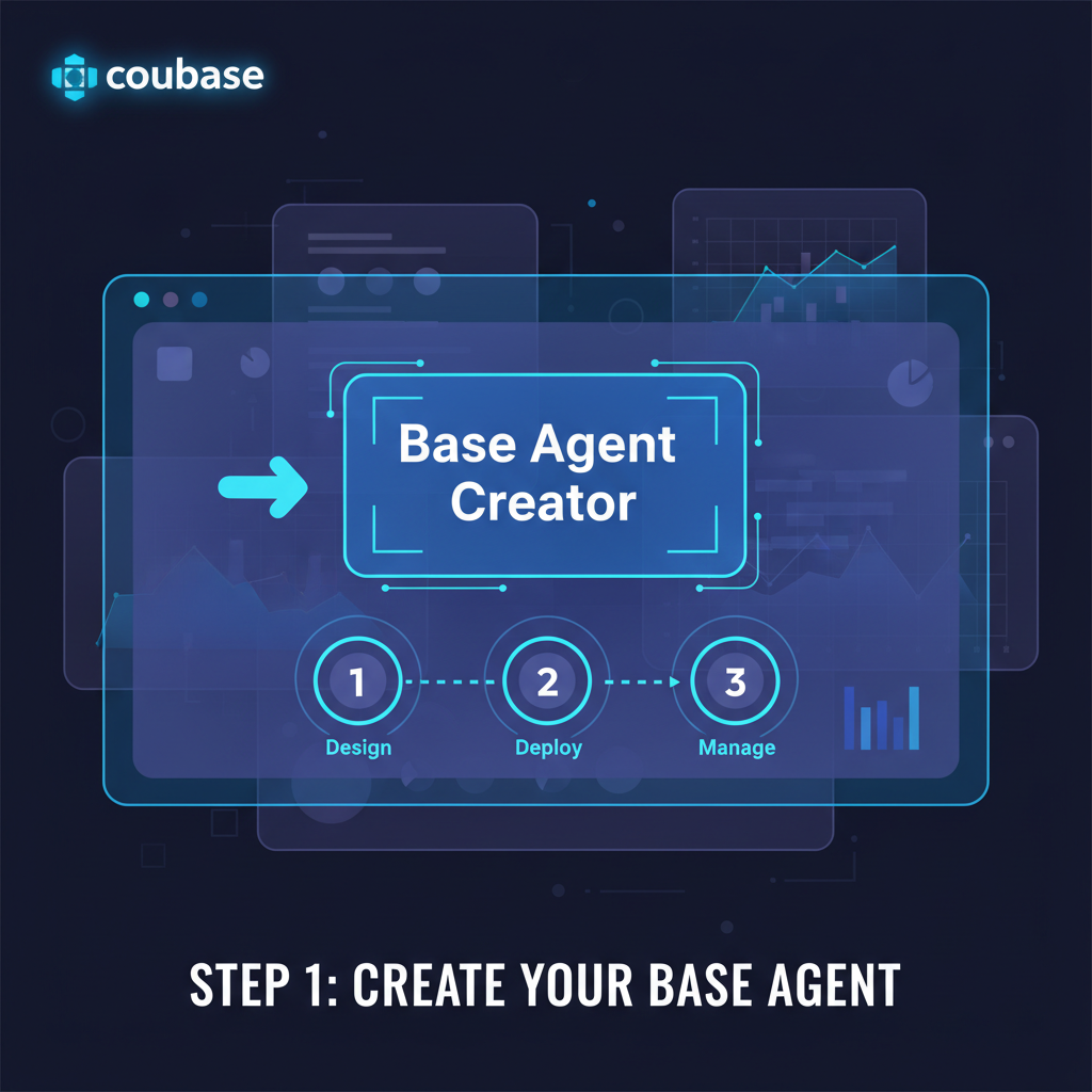 Modern Coinbase dashboard with Base Agent Creator highlighted, futuristic UI, neon blues