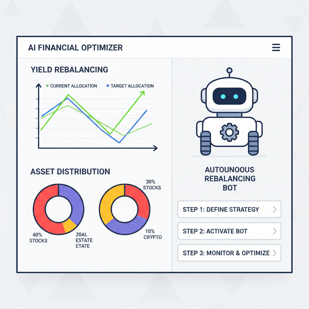 AI dashboard showing yield rebalancing graphs, colorful charts, autonomous robot icon