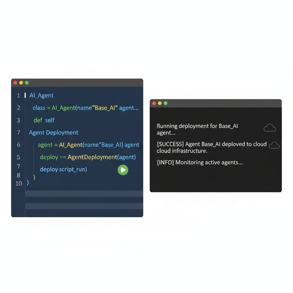 Python code editor with Base AI agent deployment script, syntax highlighted, terminal output
