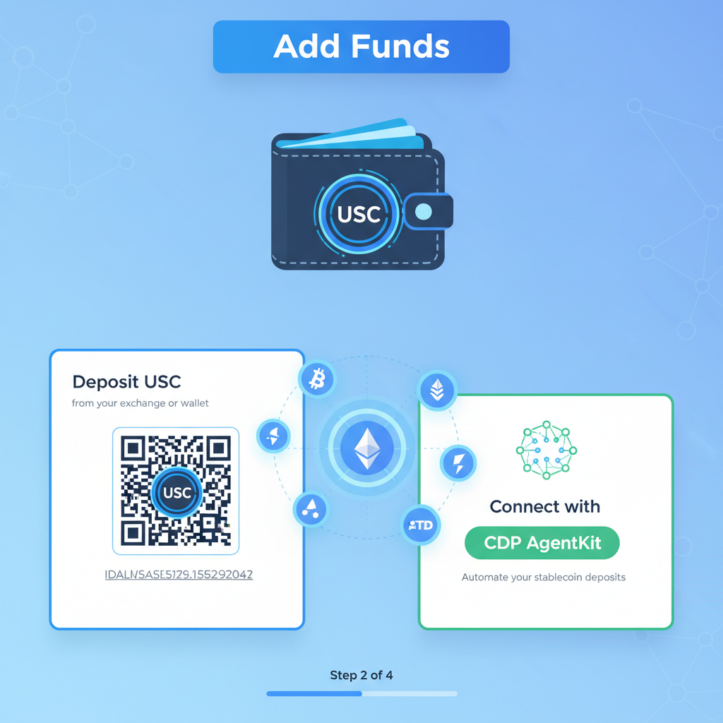 Wallet funding screen with USDC deposit and CDP AgentKit integration button, crypto icons glowing