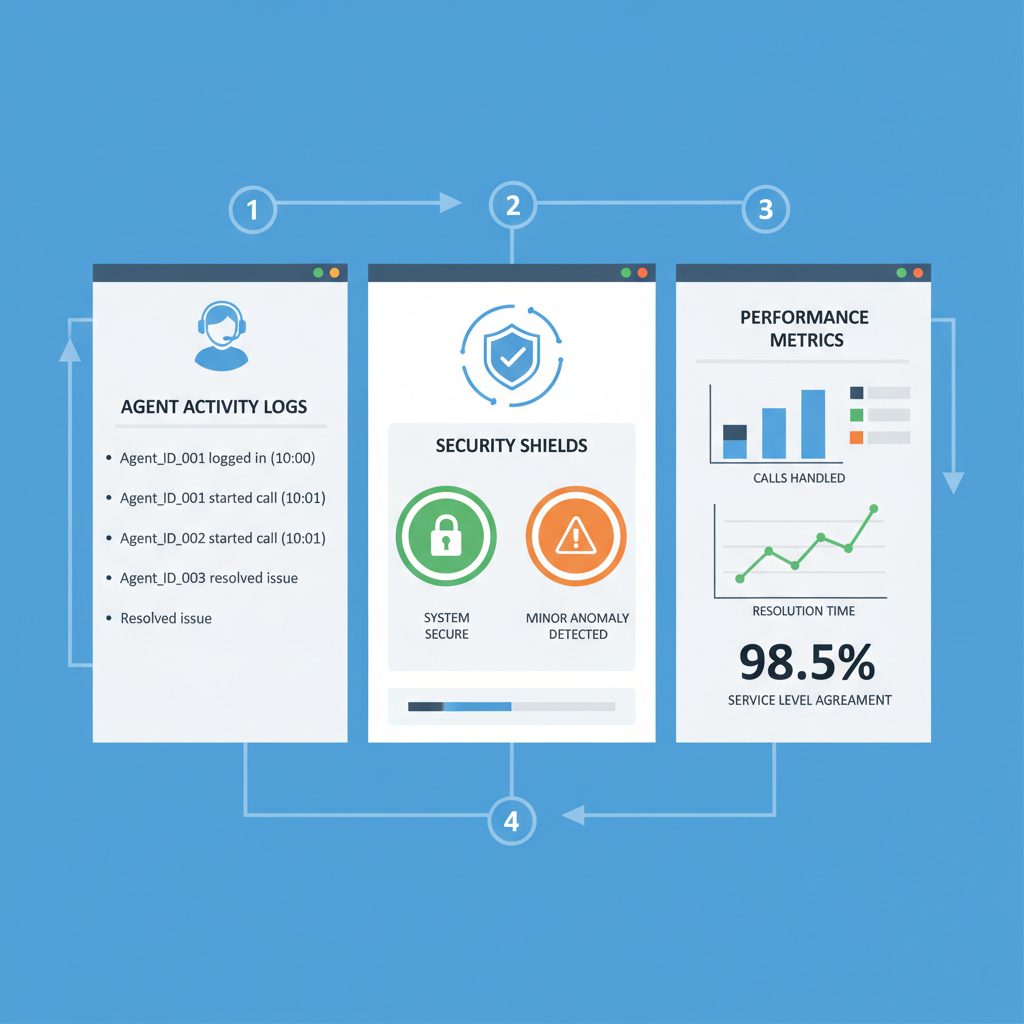 Monitoring dashboard with agent activity logs, security shields, performance metrics