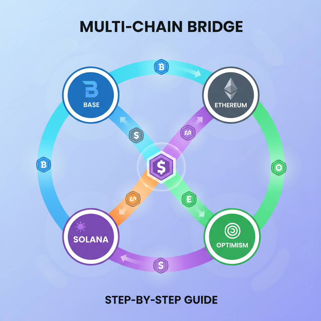 Multi-chain bridge diagram connecting Base, Solana, Ethereum, glowing bridges and tokens