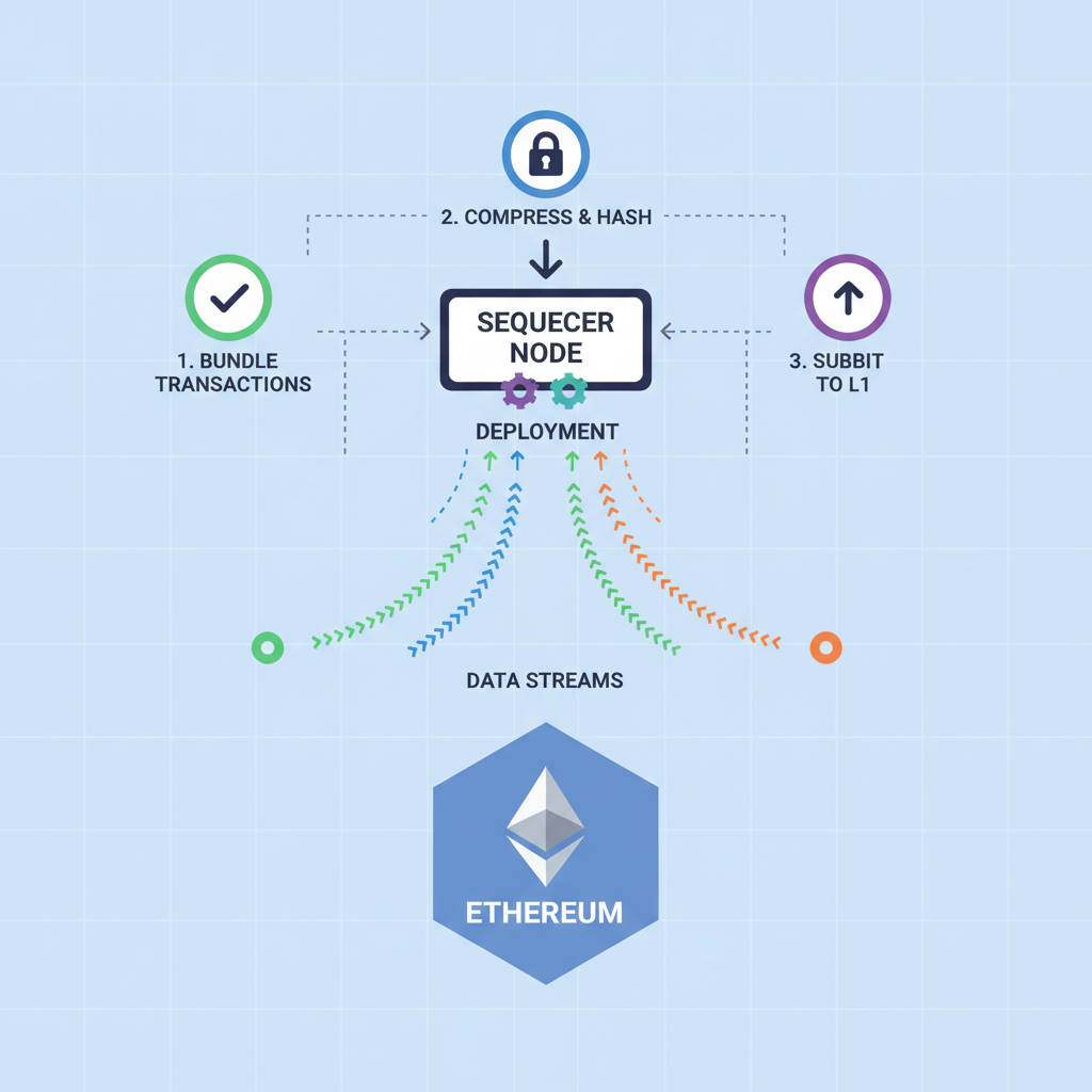 sequencer node deploying with data streams to Ethereum, abstract network flow diagram