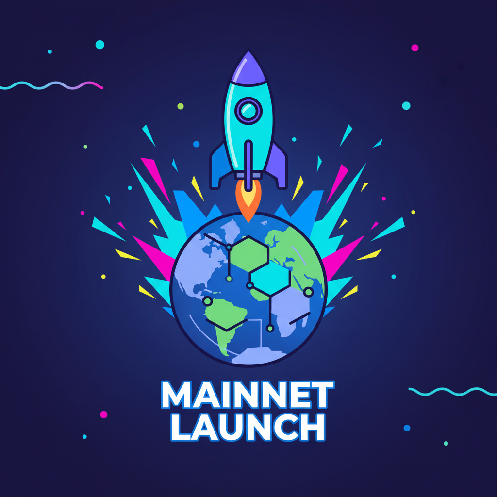 mainnet launch rocket blasting off blockchain globe, explosive neon particles
