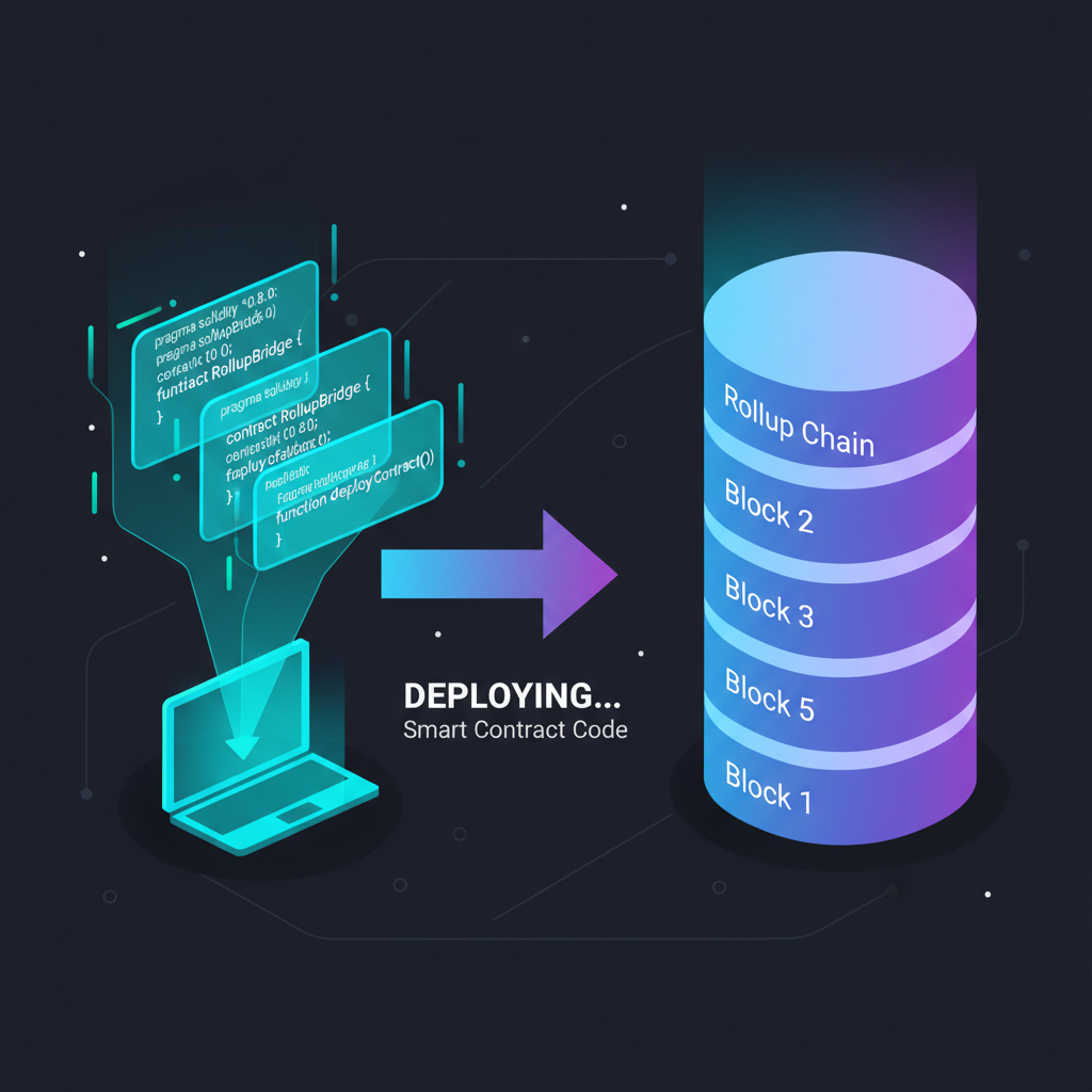 smart contract code deploying to rollup chain, glowing Solidity scripts holographic