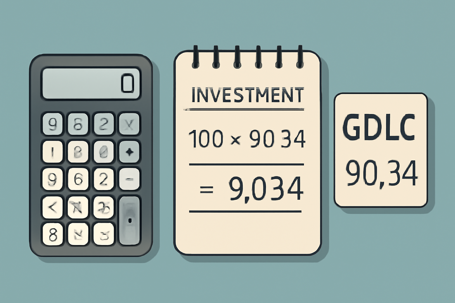 A calculator, a notepad with investment calculations, and GDLC share price ($90.34) displayed.