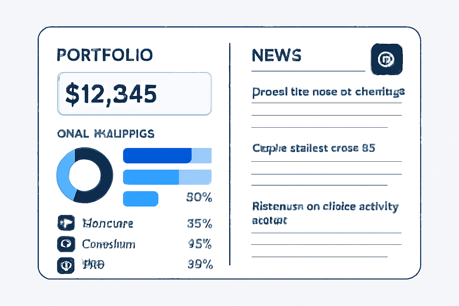 A portfolio overview screen showing GDLC holdings and a news feed with crypto market updates.
