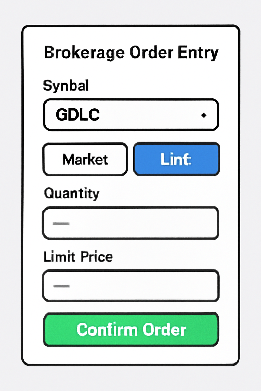 A brokerage order entry screen with GDLC selected, showing options for market and limit orders, and a 'Confirm Order' button.