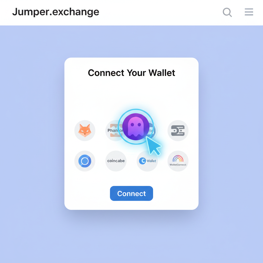 Wallet connection popup selecting Phantom on Jumper.exchange, button click action
