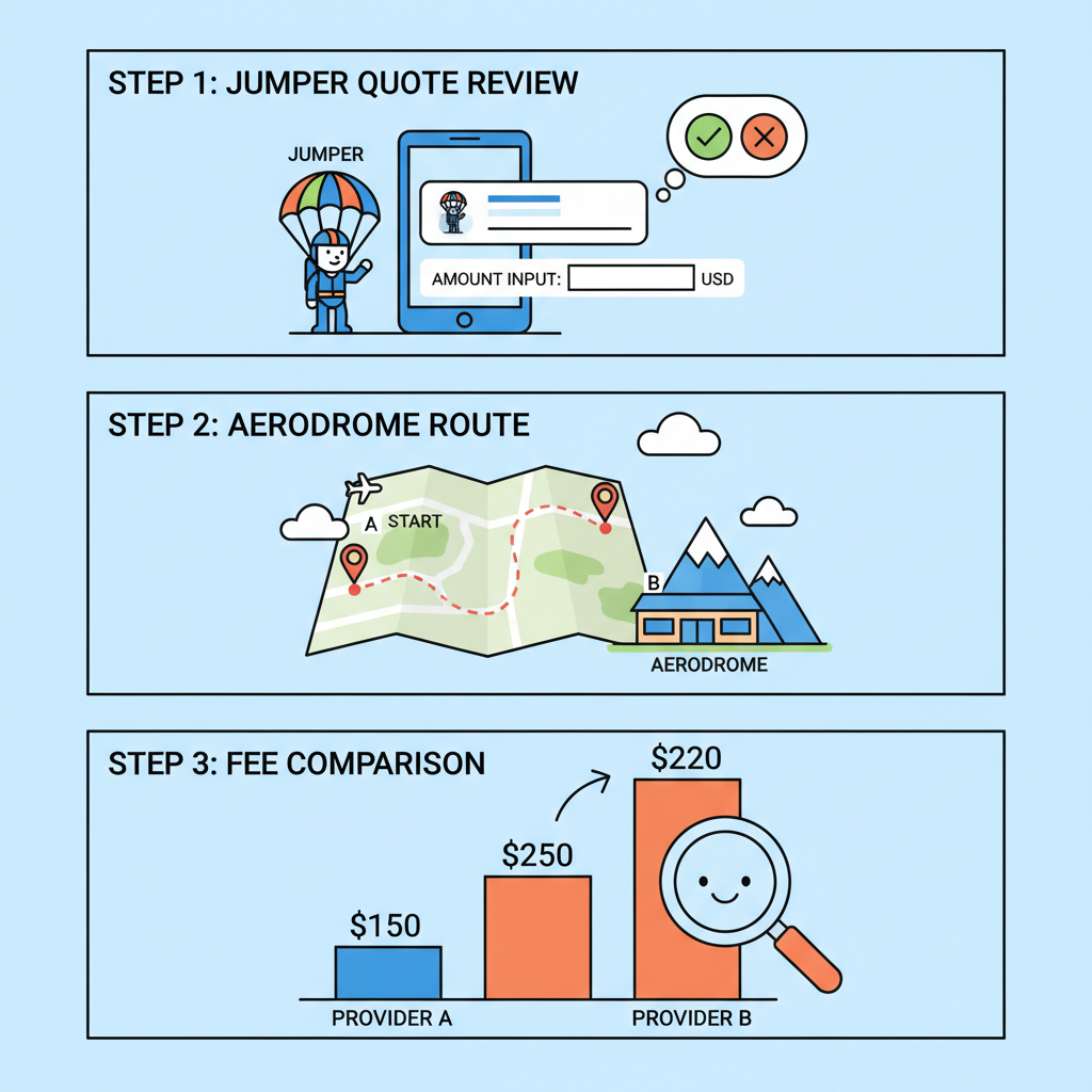 Jumper quote review with amount input, Aerodrome route highlighted, fee comparison