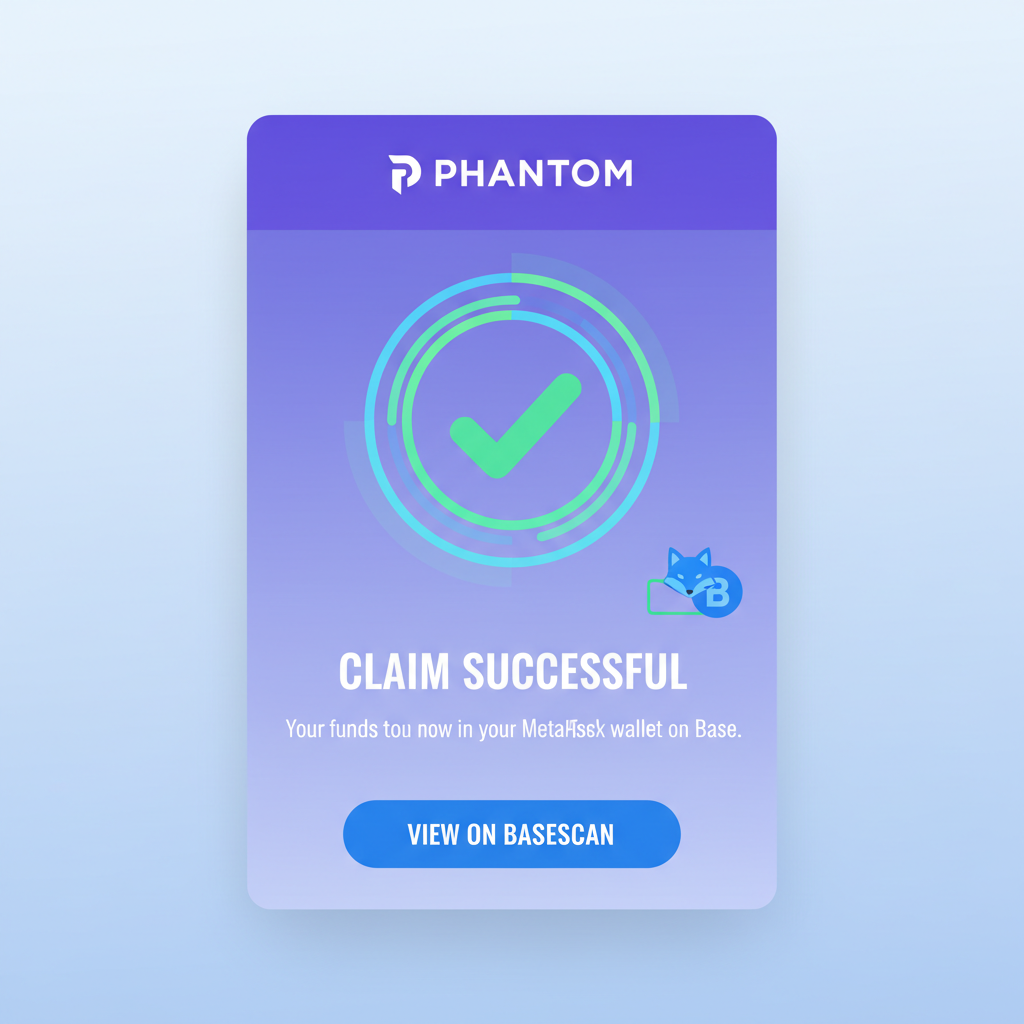 Phantom approval screen to MetaMask claim on Base, success animation crypto bridge