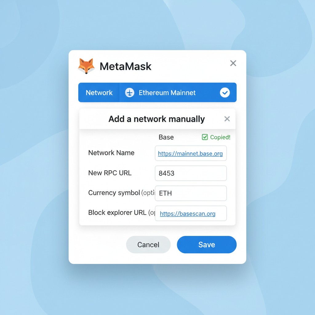 MetaMask extension adding Base network settings, clean UI screenshot style