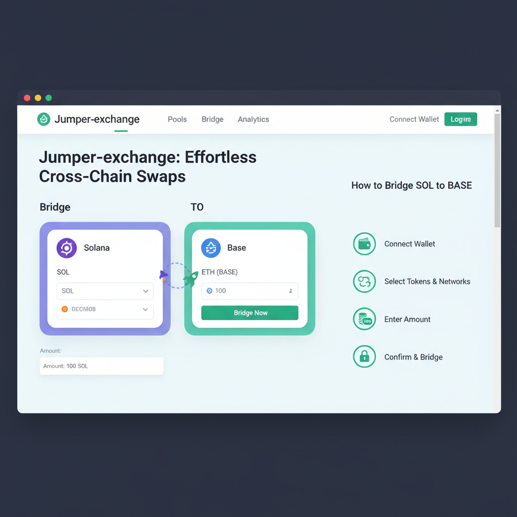Jumper.exchange homepage with Solana to Base bridge options highlighted, modern web UI
