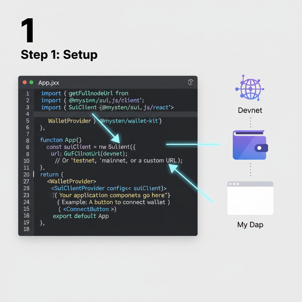 React code snippet showing SuiClient and WalletProvider setup, dark mode editor