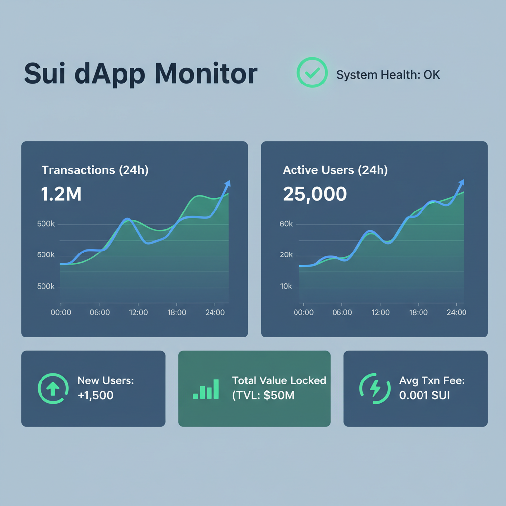 dashboard monitoring Sui dApp metrics, graphs for transactions and users, green health status